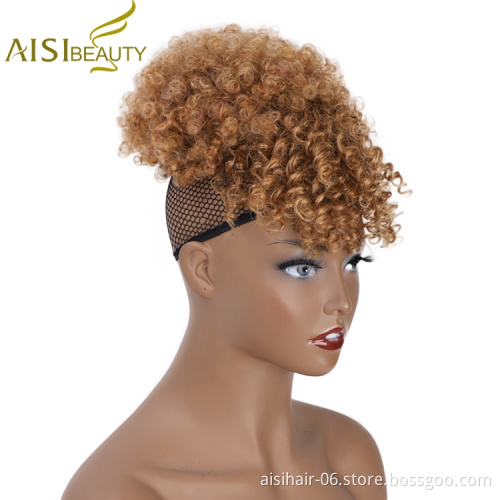 Aisi Beauty Popular New Design Wholesale Afro Fluffy Puff Brown Hairpiece Extension With Bangs Curly Afro Kinky Afro Hair Bun